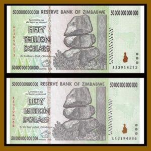 Zim ZIMBABWE 50 TRILLION DOLLARS 2008 AA, 2 BANKNOTE GEM UNC 100 Serie COA