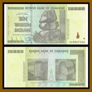 Zimbabwe 10 Trillion Dollars, 2008 AA Used UV Tested 100% Authentic COA