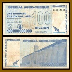 Zimbabwe 100 Billion Dollars Special Agro Cheque, 2008 Used (Cir), COA