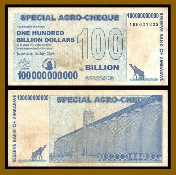 Zimbabwe 100 Billion Dollars Special Agro Cheque, 2008 Used (Cir), COA