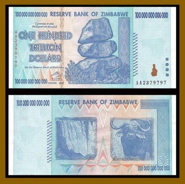 Zimbabwe 100 Trillion Dollars, 2008 P-91 Banknote (Cir) Used COA